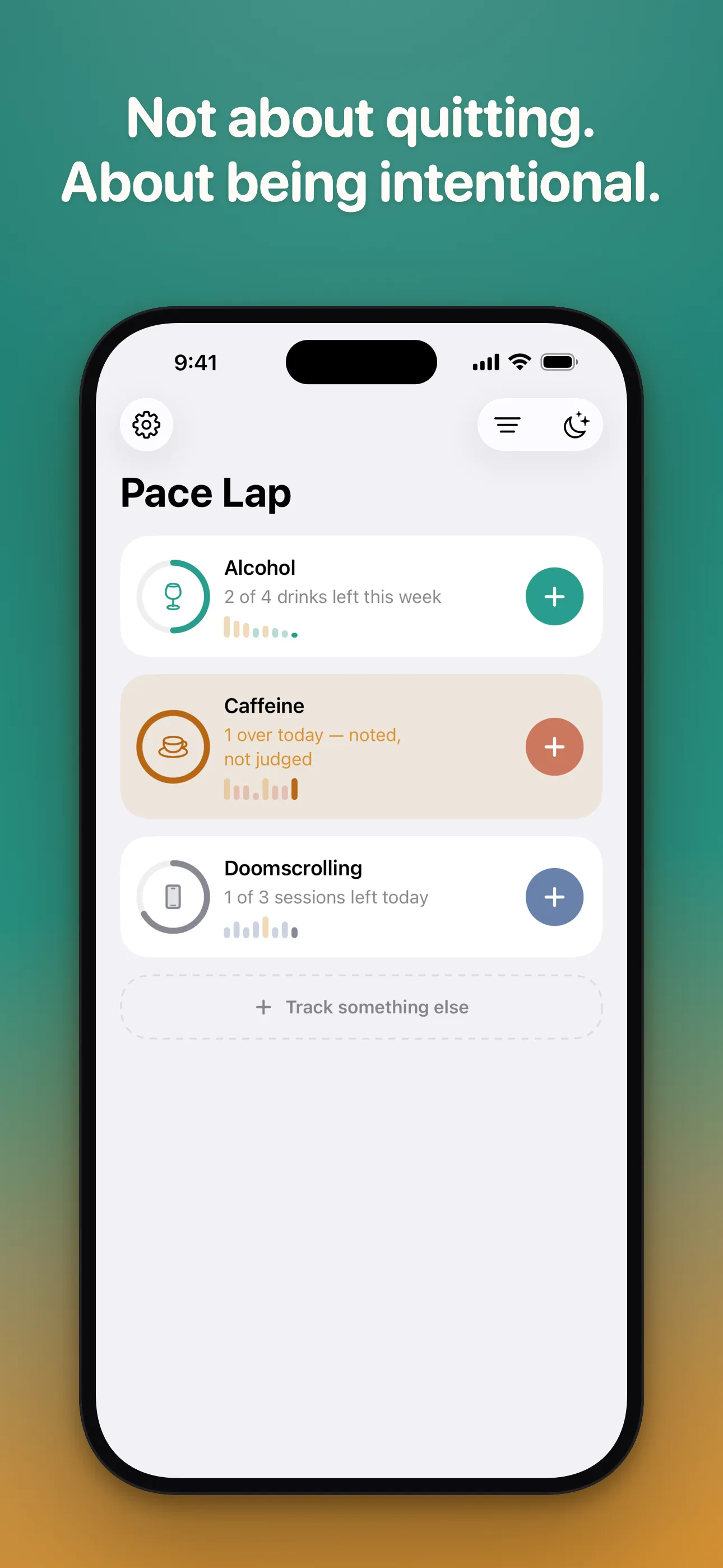 App Store screenshot headed "Not about quitting. About being intentional." The Pace Lap home screen listing Alcohol at 2 of 4 drinks left this week, Caffeine 1 over today, and Doomscrolling at 1 of 3 sessions left today, above a "Track something else" button.
