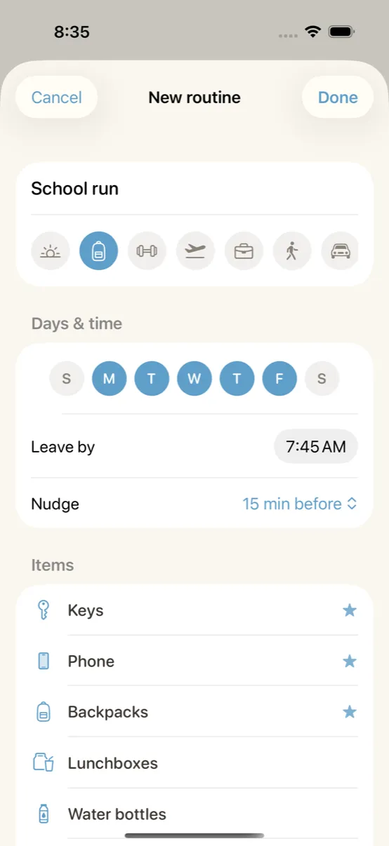 The routine editor, showing a list of items with per-day settings and a control for the leave time.