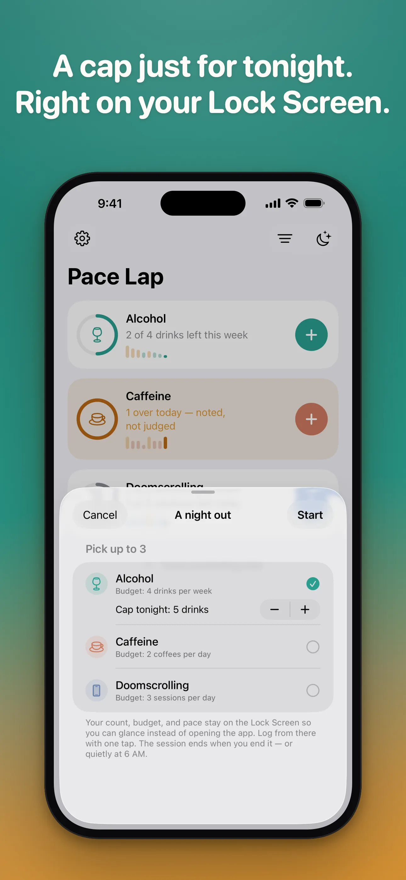 App Store screenshot headed "A cap just for tonight. Right on your Lock Screen." The Pace Lap home screen behind an open "A night out" sheet, picking up to 3 trackers with a one-off cap set for Alcohol at 5 drinks.